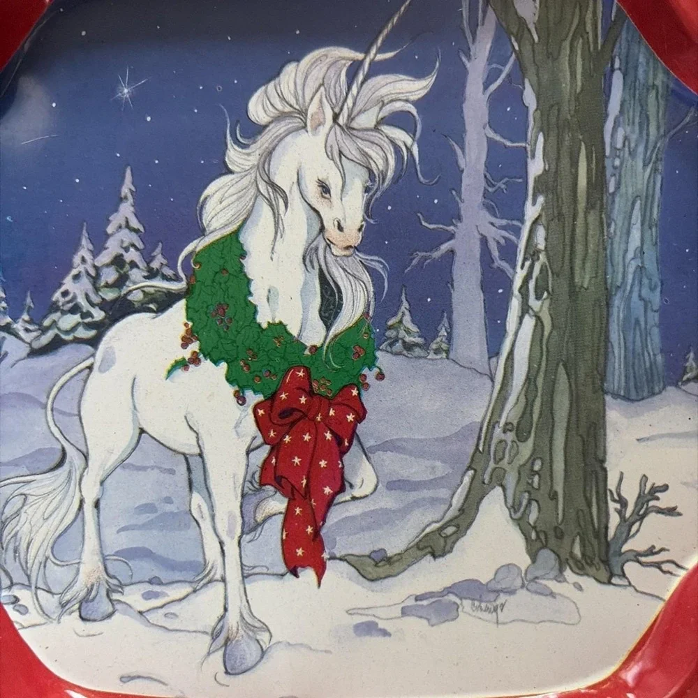 VTG Hartin Unicorn Christmas Serving Trays Set 2 Red Holiday 7.5